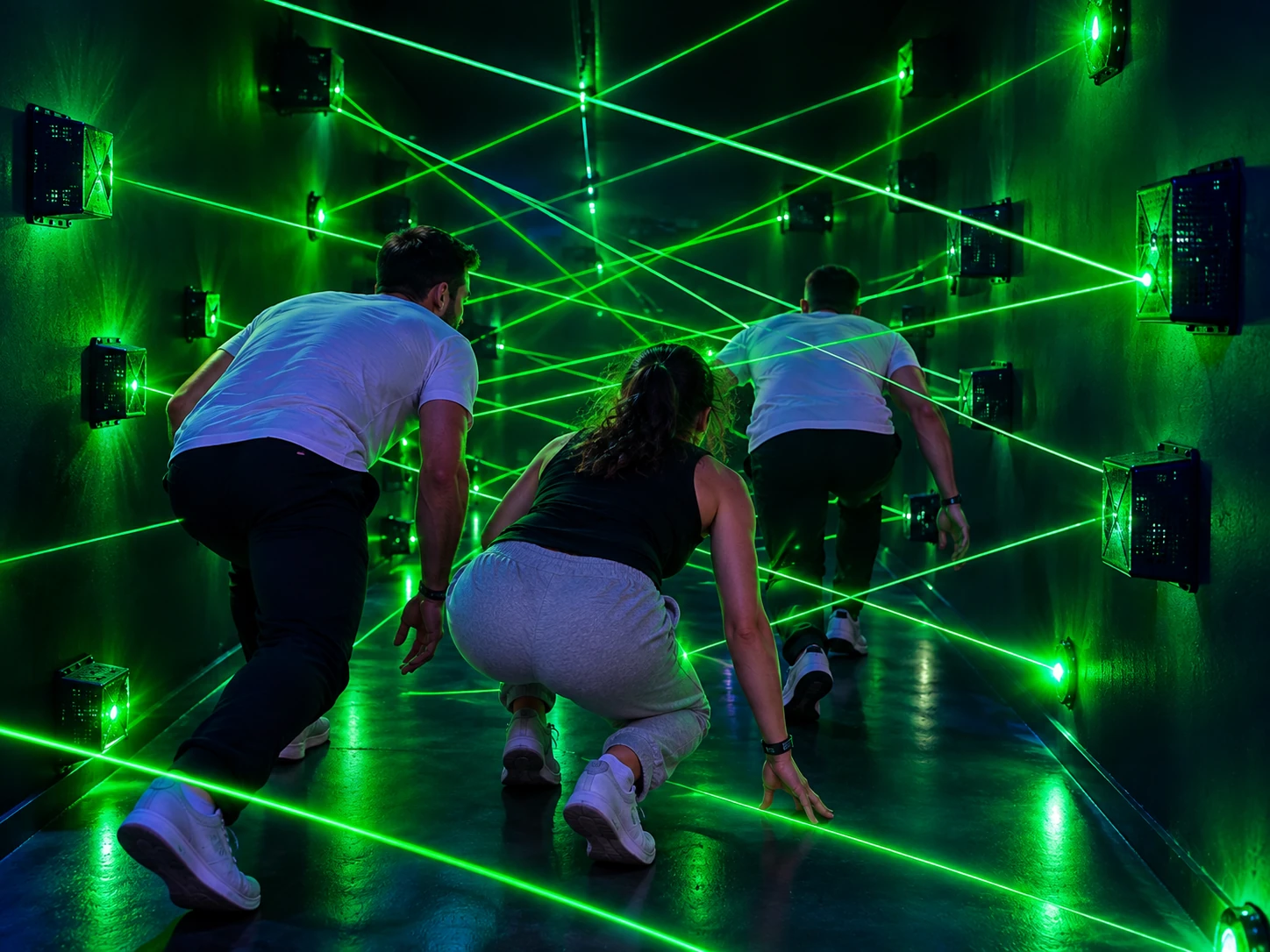 Trois joueurs de dos progressant dans un labyrinthe de lasers verts